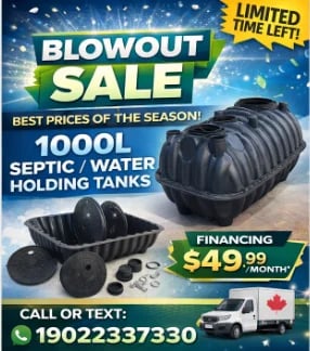 Advertisement for blowout sale on septic and water holding tanks with financing from $49.99 monthly and contact number